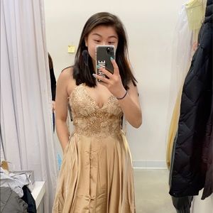 Faviana gold lace up prom dress